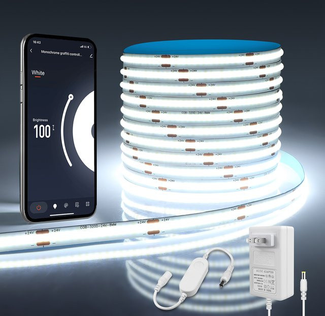 CHNAITEKE Tuya Smart Wifi COB LED Streifen in Weiß, 24V selbstklebendes LED Band mit CCT-Funktion, kompatibel mit Alexa und Google Assistant zur Hintergrundbeleuchtung von TV, Küche oder Wand - Bild 1