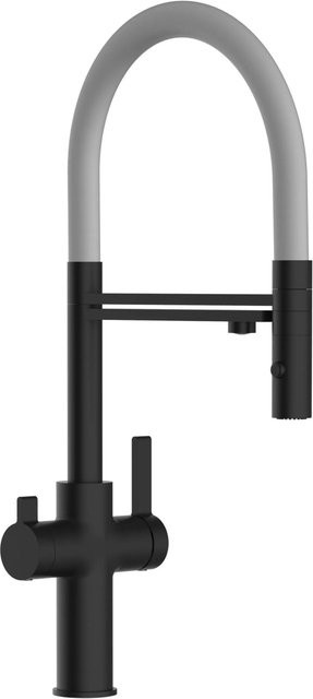 VIZIO 3-Wege Küchenarmatur mit 360 Grad schwenkbarem Auslauf und abnehmbarer 2-Strahl Handbrause in Schwarz Matt und Grau - Bild 1