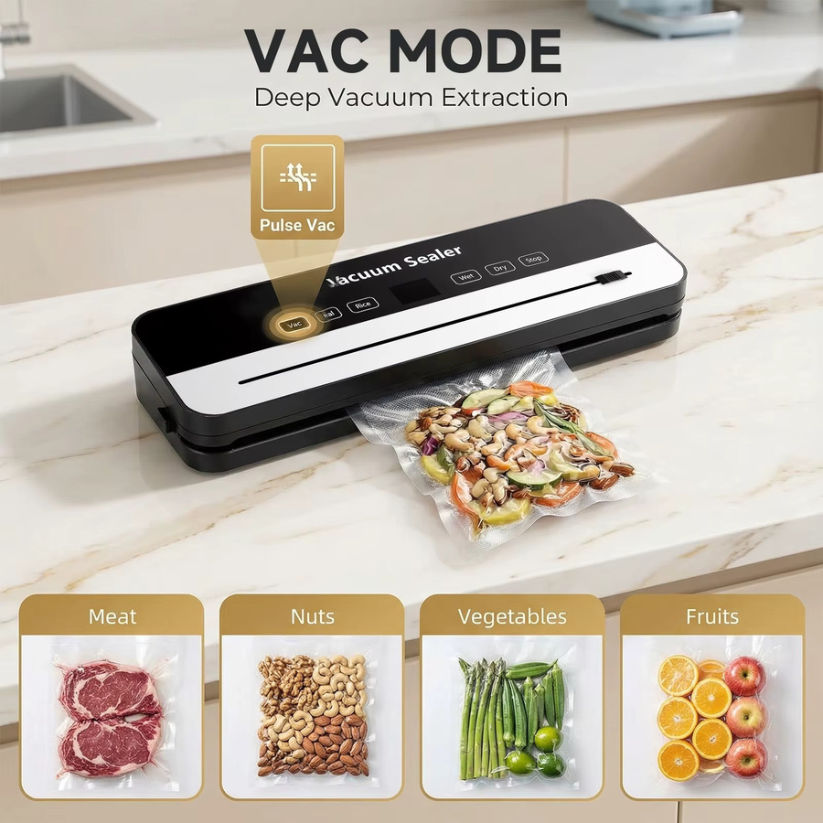 Podofo 6-in-1 Vakuumiergerät in Schwarz mit Trocken- und Feuchtmodus, 65KPa Saugkraft, digitalem Timer, Touch-Tastenbedienung und integriertem Cutter aus Kunststoff - Bild 3