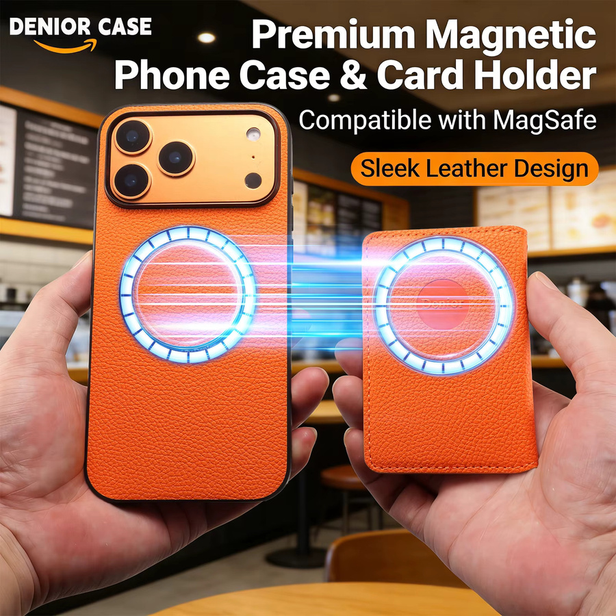 Denior Handyhülle für iPhone 17/16/15/14/13/12 Pro Max mit Litschi-Muster aus PU-Leder in Orange, magnetisch und abnehmbar, kompatibel mit kabellosem Laden - Bild 2