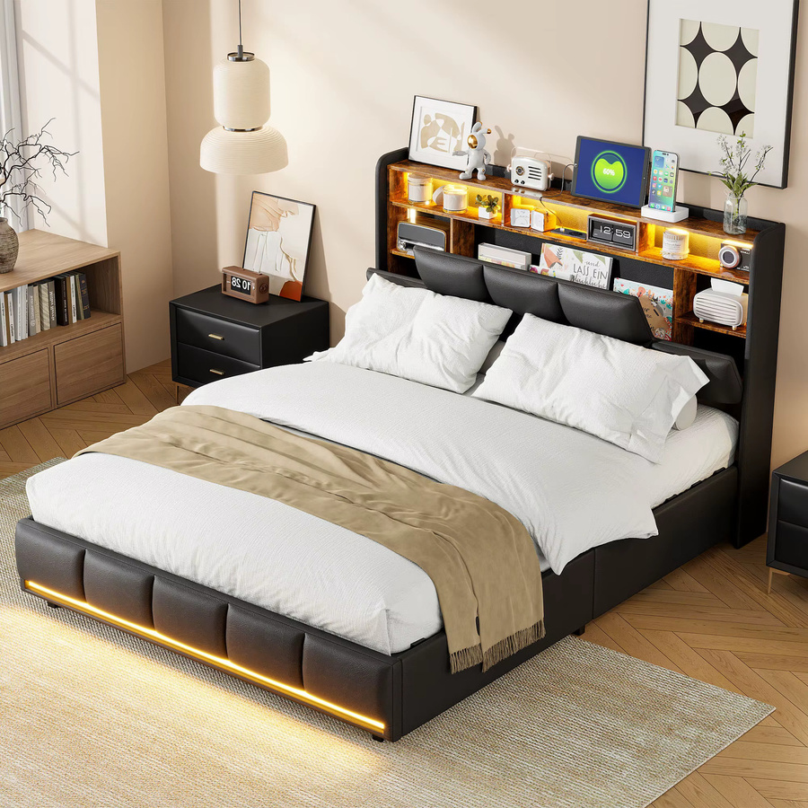 Rosahqnda Doppelbett für Erwachsene mit LED-Beleuchtung und Ablagefächern, gepolstert, Farbe: Schwarz, B/T/H: 160 x 200 cm - Bild 5