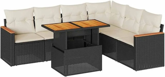 vidaXL 7-teilige Garten-Sofagarnitur in L-Form aus Poly-Rattan und Akazienholz mit Kissen in Schwarz-Creme - Bild 1