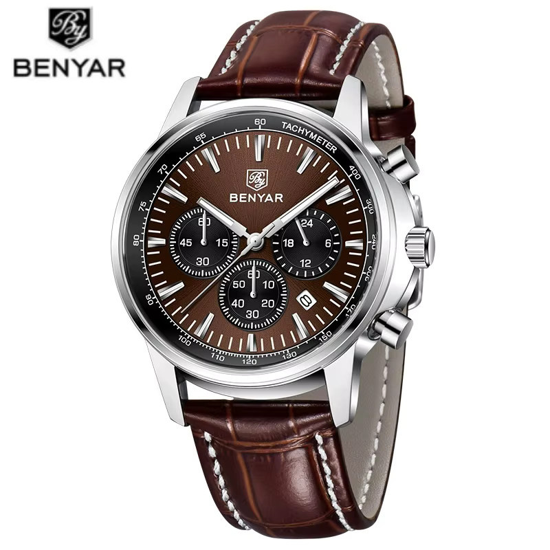 Benyar Chronograph, Quarz, Leder, Edelstahl, Silber, Herren - Bild 7