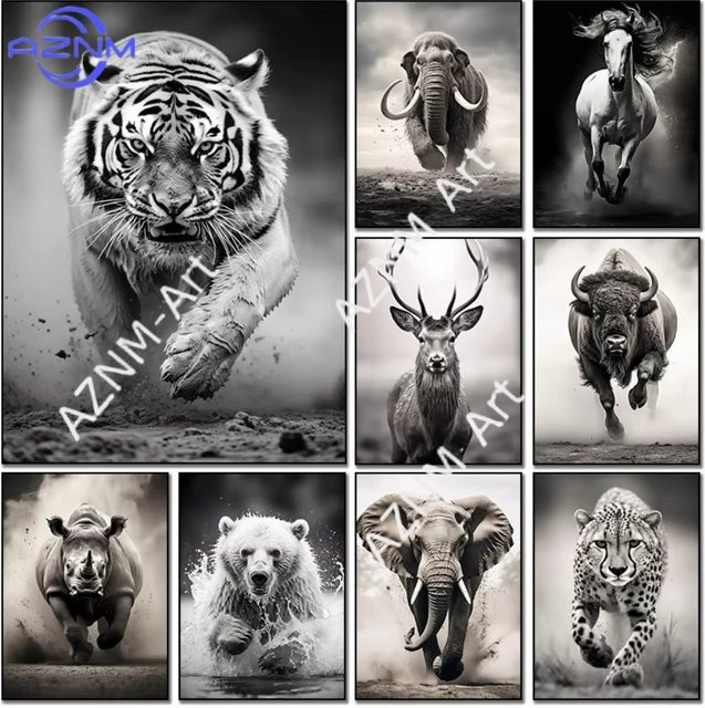 AZNM Tierposter mit Tiger, Elefant, Hirsch, Gepard, Bulle und Pferd als Leinwanddruck in Schwarz-Weiß für deine Wanddekoration - Bild 1