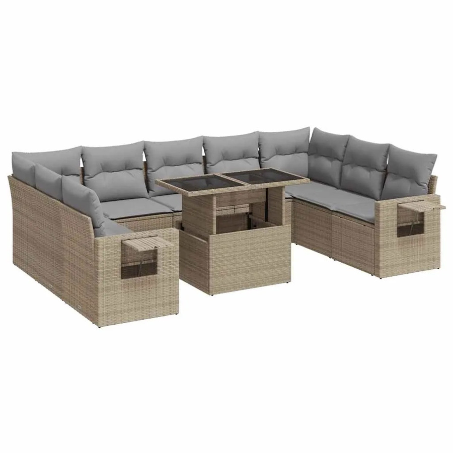 vidaXL 10-tlg. Garten-Sofagarnitur in L-Form aus Poly-Rattan in Beige-Grau mit UV-beständigen Kissen und pulverbeschichtetem Stahlgestell - Bild 2