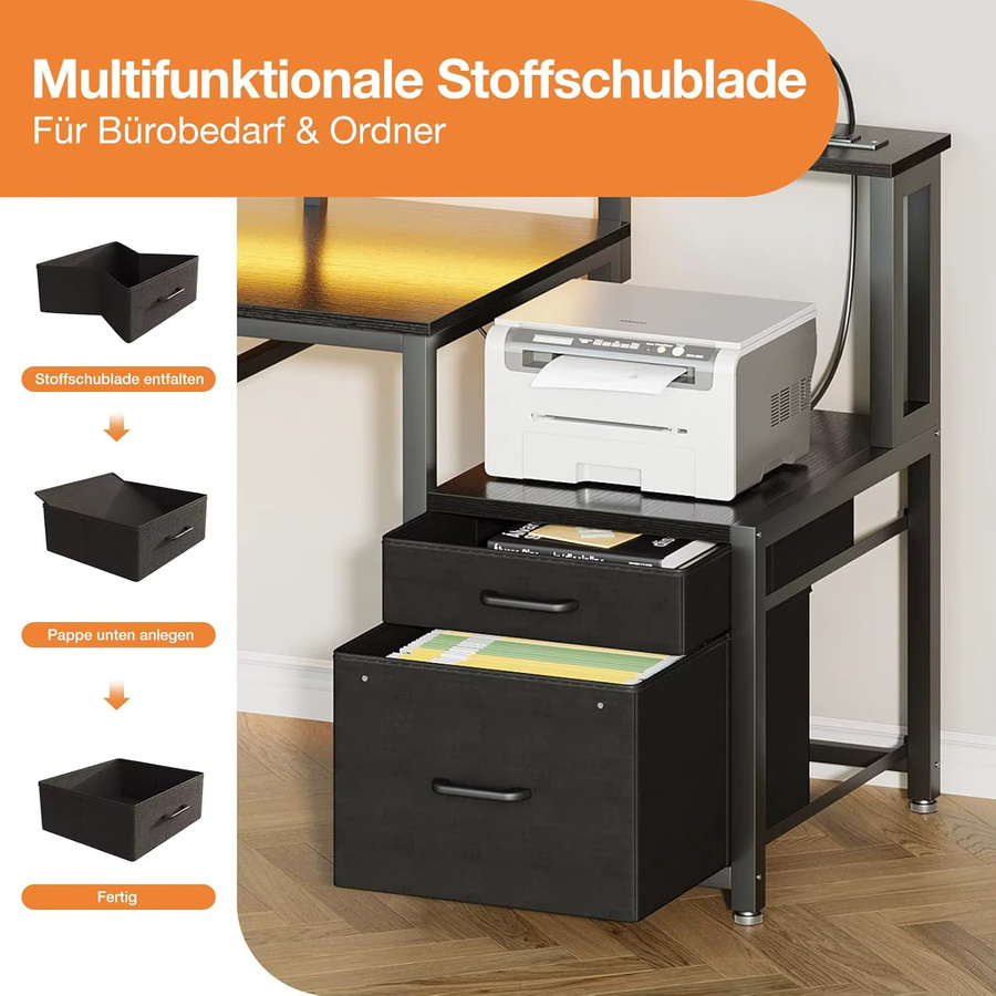 Coleshome Gaming Schreibtisch mit Steckdose und 2 Stoff Schubladen, Computertisch mit Monitorständer, Reversibel, Schwarz, Breite: 140 cm, Tiefe: 48 cm - Bild 4