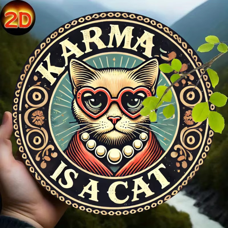 Potdemiel Vintage Eisen-Wandkunst Karma Is A Cat Rundes Metallschild Multicolour Durchmesser: 20,0 cm - Bild 3