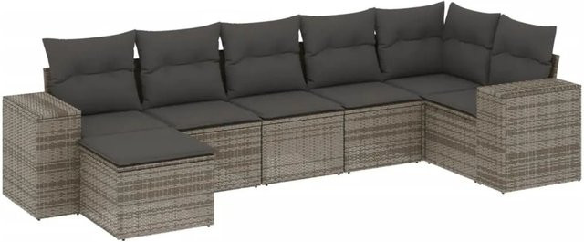 vidaXL 7-teilige Garten-Sofagarnitur in L-Form aus grauem Poly-Rattan mit Kissen und Ottoman - Bild 1