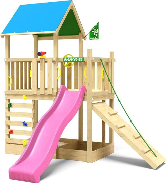 Jungle Gym Spielturm Wonder Holz mit Planendach Kletterrampe Rutsche Fuchsia Blau - Bild 1