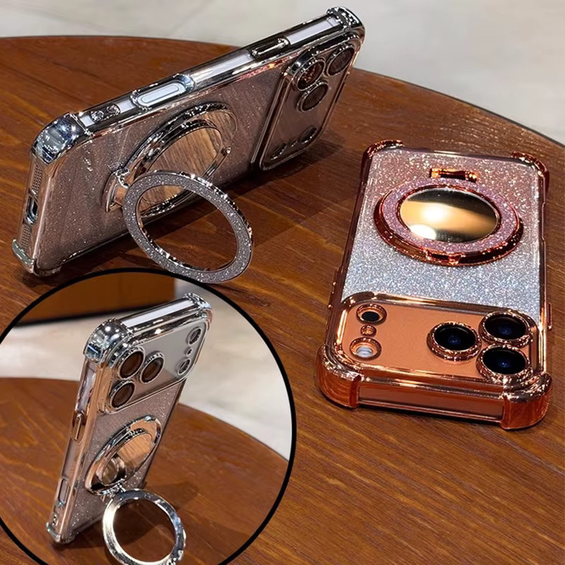 Glitzernde und stoßfeste Spiegel-Magnethalterungshülle für Apple iPhone 17, 16, 15, 14, 13, 12, 11 Pro Max mit MagSafe Soft Cover in Silber - Bild 2