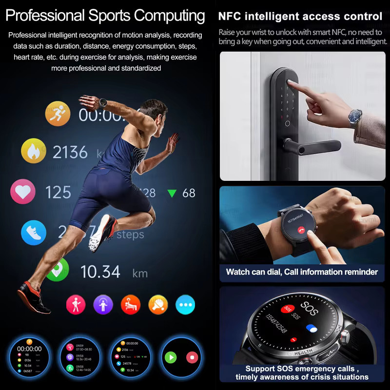 GUHUAVMI Smartwatch für Männer mit AI-Diagnose, EKG, Blutdruck- und Harnsäuremessung, NFC und Anruffunktion in Schwarz oder Rot - Bild 6