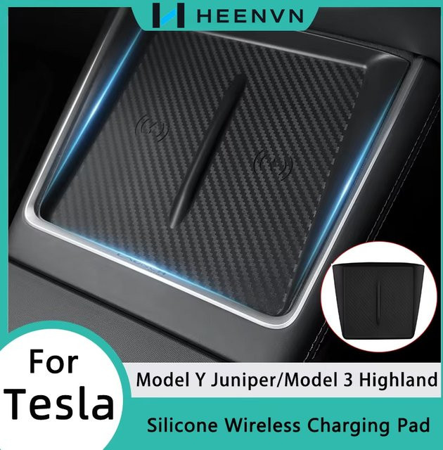 HEENVN Wireless Auto-Ladegerät-Pad für Tesla Model 3 Highland und Model Y Juniper in Weiß, rutschfestes Silikon für den Innenraumschutz - Bild 1