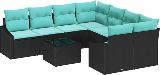 vidaXL 9-tlg. Poly-Rattan Gartenmöbel Set mit Kissen in Schwarz und Türkis - Bild 1