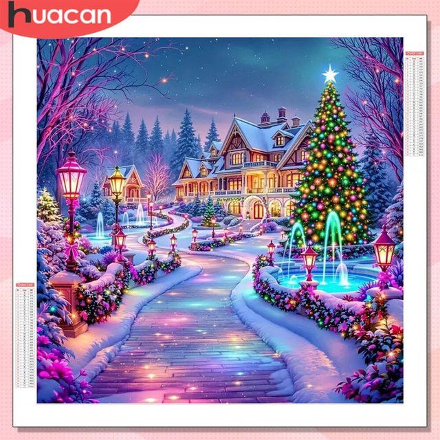 HUACAN Diamant-Gemälde Weihnachten Landschaft Mosaikhaus Stadtstraße mit Strasssteinen, 20 x 20 cm - Bild 1