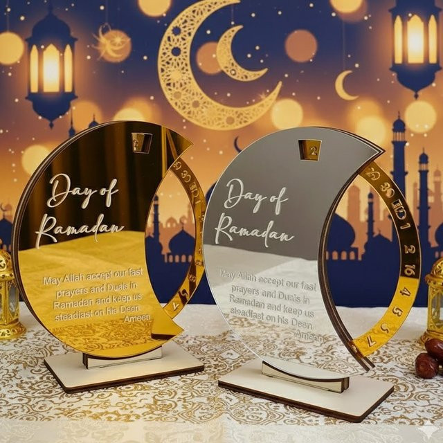 Ramadan-Countdown-Acrylkalender 2026 mit drehbarem Ständer für den Schreibtisch, Dekoration in Transparent, Gold und Weiß - Bild 1