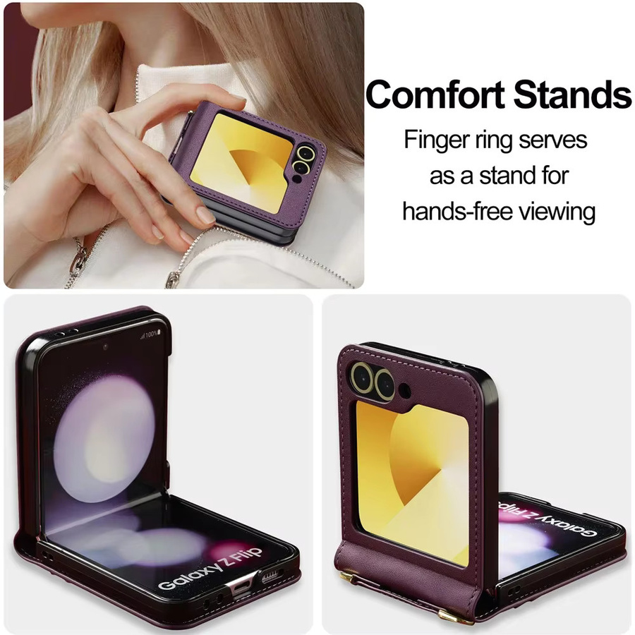 Lederne Crossbody-Geldbörsenhülle für Samsung Galaxy Z Flip 8 7 FE 6 5 4 3 5G mit Kartenhalter, Handschlaufe und Lanyard in Purple - Bild 5