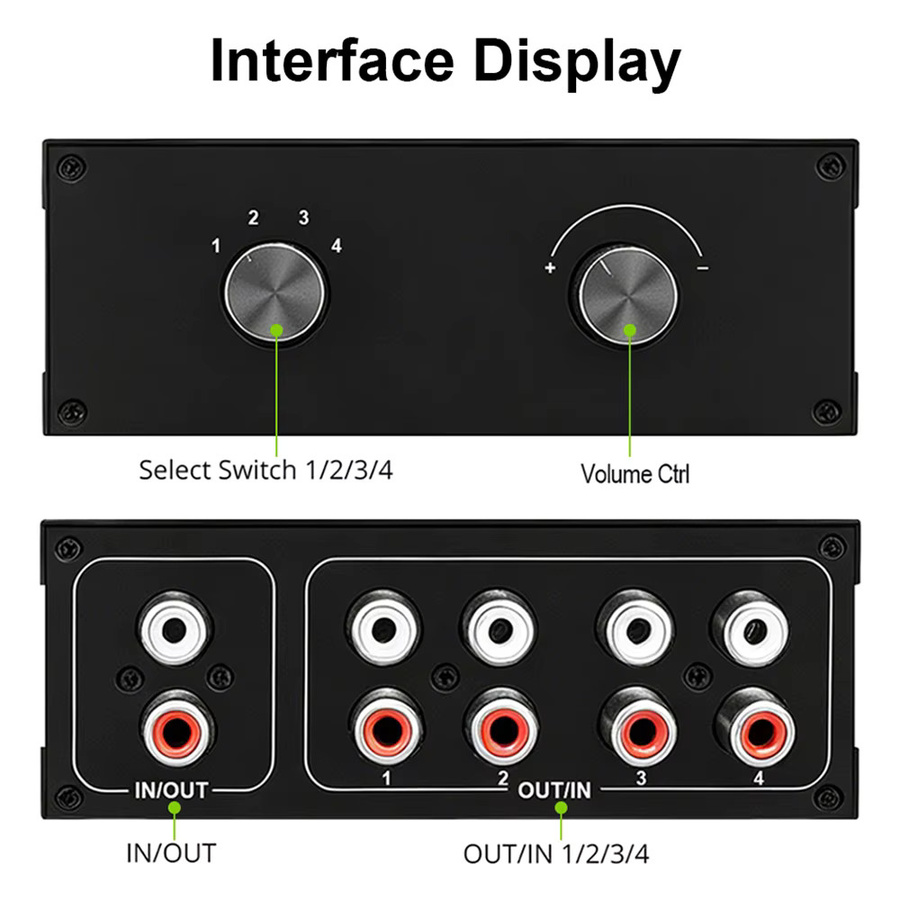 TITAK 4-Wege bidirektionaler RCA-Stereo-Audioschalter mit 1 Eingang und 4 Ausgängen oder 4 Eingängen und 1 Ausgang in Schwarz und Rot - Bild 6