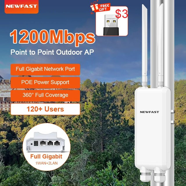Newfast Outdoor Access Point Dual-Band WLAN-Router und Repeater mit 1200Mbps und 3 Gigabit-Ports in Weiß - Bild 1