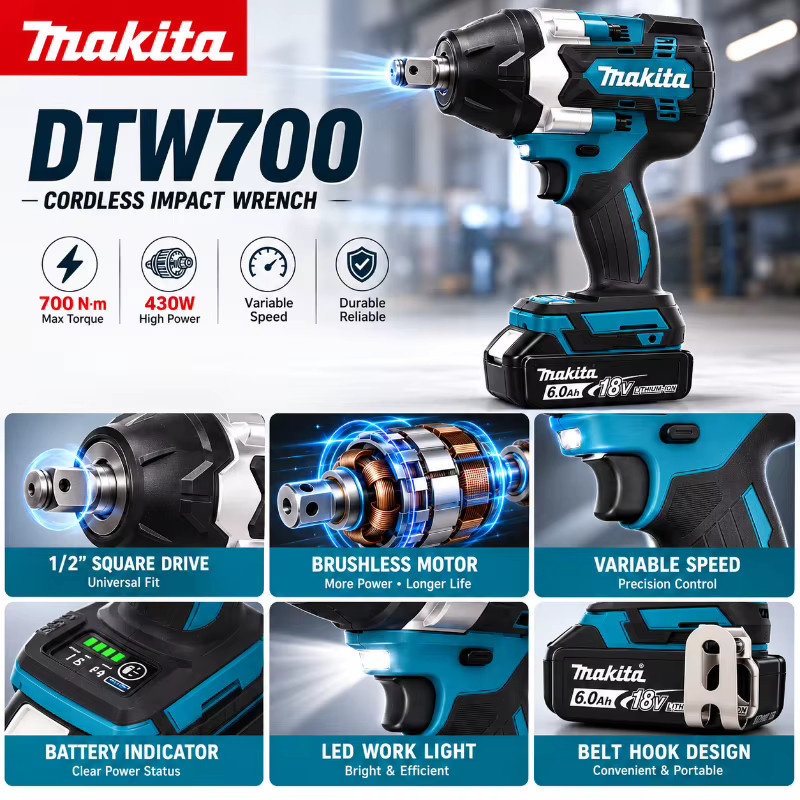 Makita DTW700 18V Akku-Schlagschrauber mit 700Nm Hochdrehmoment und variabler Geschwindigkeit - Bild 6