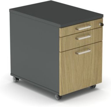 Rollcontainer BEXXSTAR mit abschließbarem Utensilienauszug, Schublade und HR-Auszug, dunkelgrau/Eiche-Dekor, B: 43 cm, T: 60 cm, H: 60 cm - Bild 1