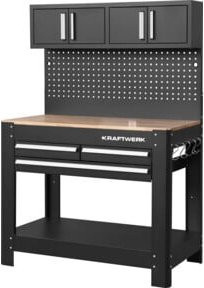 Kraftwerk Werkbank in Schwarz mit 3 Schubladen, 2 Oberschränken und Pegboard aus Stahl und Holz - Bild 1