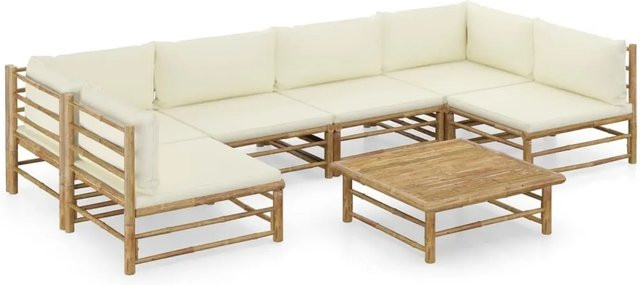vidaXL 7-teiliges Garten-Lounge-Set aus Bambus mit cremeweißen Kissen in modernem Design - Bild 1