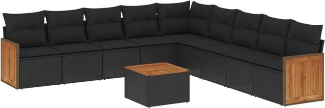 vidaXL 10-tlg Garten-Sofagarnitur in L-Form aus Polyrattan mit Kissen und Couchtisch, Schwarz - Bild 1