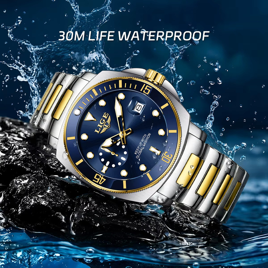 LIGE Armbanduhr Edelstahl, Quarz, Datum, Blau, Herren - Bild 3