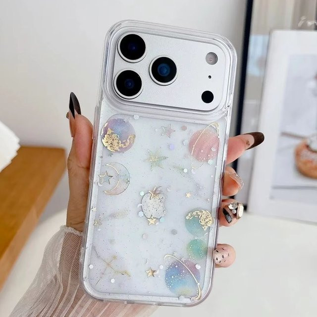 Transparente iPhone Hülle mit Glitzer-Farbverlauf und Planeten-Stern-Design in Pink, stoßfeste Schutzhülle für Apple iPhone 17 bis 11 Pro Max Plus - Bild 1