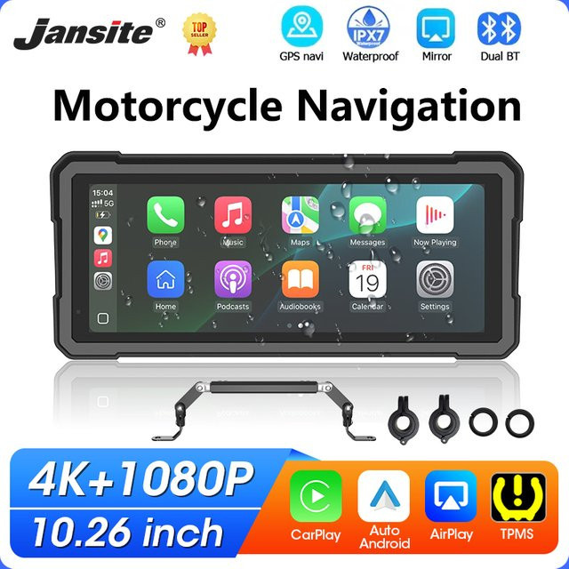 Jansite Motorrad CarPlay GPS Navigation mit 10,26 Zoll Display, Dual-Lens Moto-DVR 4K+1080P, kabelloses Android Auto, IPX7 wasserdicht, Schwarz - Bild 1