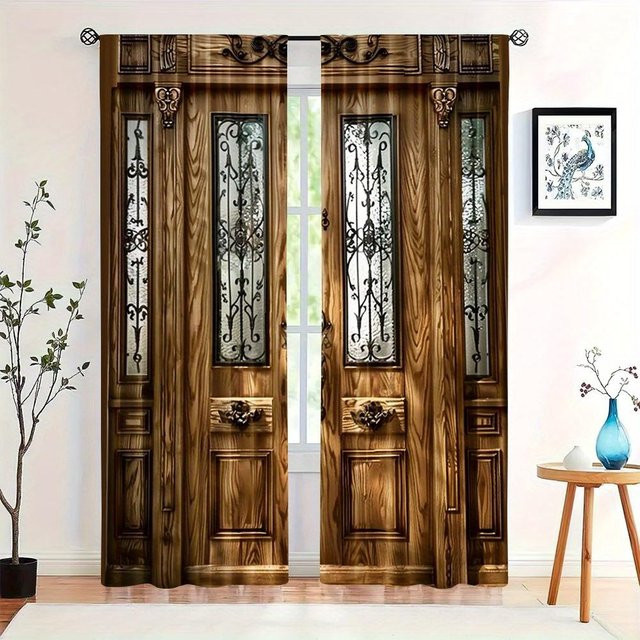 2er-Set Yiran Furniture Vorhänge mit Holzmaserung in Braun, halbtransparent, Polyester, Breite: 100 cm, Höhe: 130 cm - Bild 1