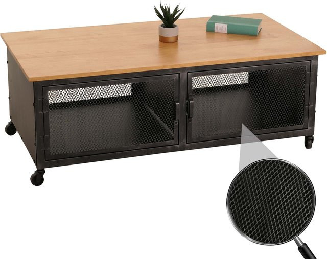 Couchtisch MCW-N28 Industrial Retro aus Metall und Holz mit Rollen und 2 Fächern, schwarz/natur, B: 120 cm, T: 45 cm, H: 60 cm - Bild 1