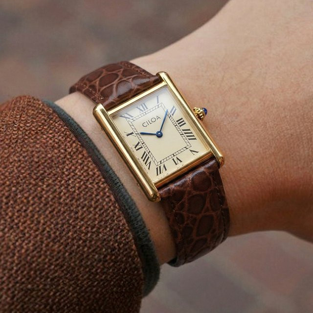 CILOA Armbanduhr, Quarz, Goldgehäuse, Eckig, Cremefarbenes Zifferblatt, Lederarmband, Herren - Bild 1
