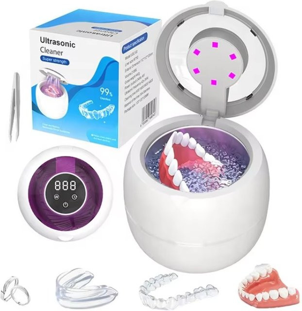 Sarmocare Ultraschall-UV-Reiniger für Zahnprothesen, Mundschutz und Zahnspangen in Weiß mit 360-Grad-Tiefenreinigung - Bild 1