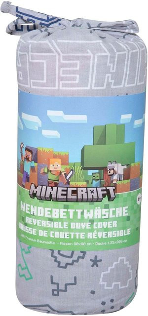 Roba Minecraft Wendebettwäsche aus Baumwolle mit Reißverschluss, Grau/Mehrfarbig, B/H: 135 x 200 cm und 80 x 80 cm - Bild 1