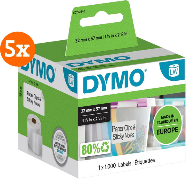 DYMO Ablösbare Etiketten für Thermodruck, 5er-Pack, 1000 Stück, B: 32 mm, H: 57 mm - Bild 1