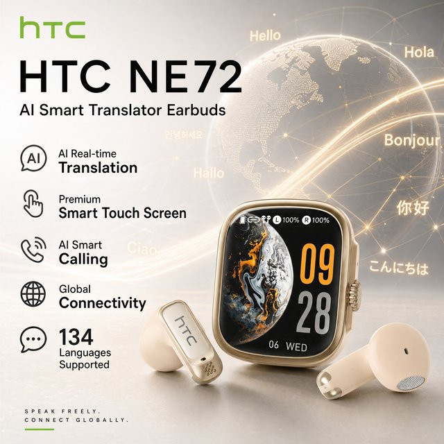 HTC NE72 TWS KI-Übersetzungs-Ohrhörer mit Bluetooth 6.0 und Smart-Touchscreen in Gold - Bild 1