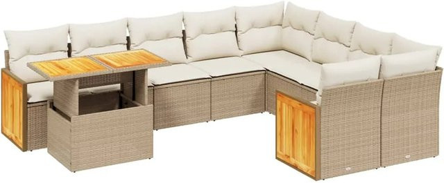 vidaXL 10-tlg Garten-Sofagarnitur aus Poly-Rattan und Akazienholz in Beige und Cremeweiß mit Kissen - Bild 1