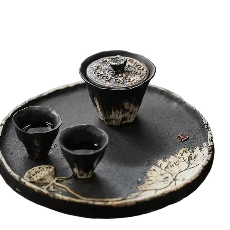 Handgemachte Keramik Tee-Schüssel mit Deckel im Wabi Sabi Stil, Lotus-Prägung, Schwarz, 200 ml - Bild 4