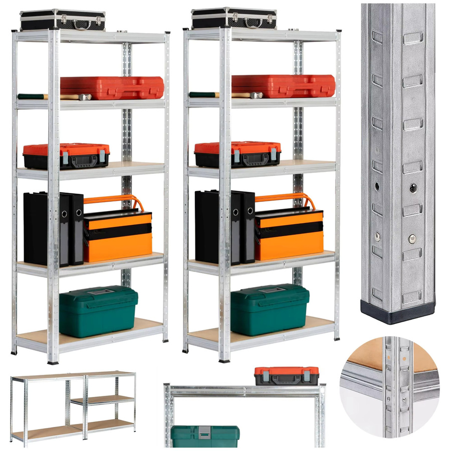 Set aus 2 AKORD Metallregalen aus verzinktem Stahl in Silber und Holzoptik Braun mit 5 verstellbaren Regalböden, Tragfähigkeit 875 kg, B/T/H: 70 x 30 x 154 cm - Bild 2
