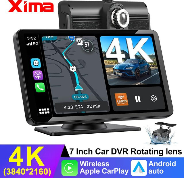 XIMA 7 Zoll Dash Cam mit 4K UHD, Wireless Carplay, Android Auto und GPS Navigation, Dual Objektiv Video Recorder mit Rückfahrkamera, Schwarz - Bild 1