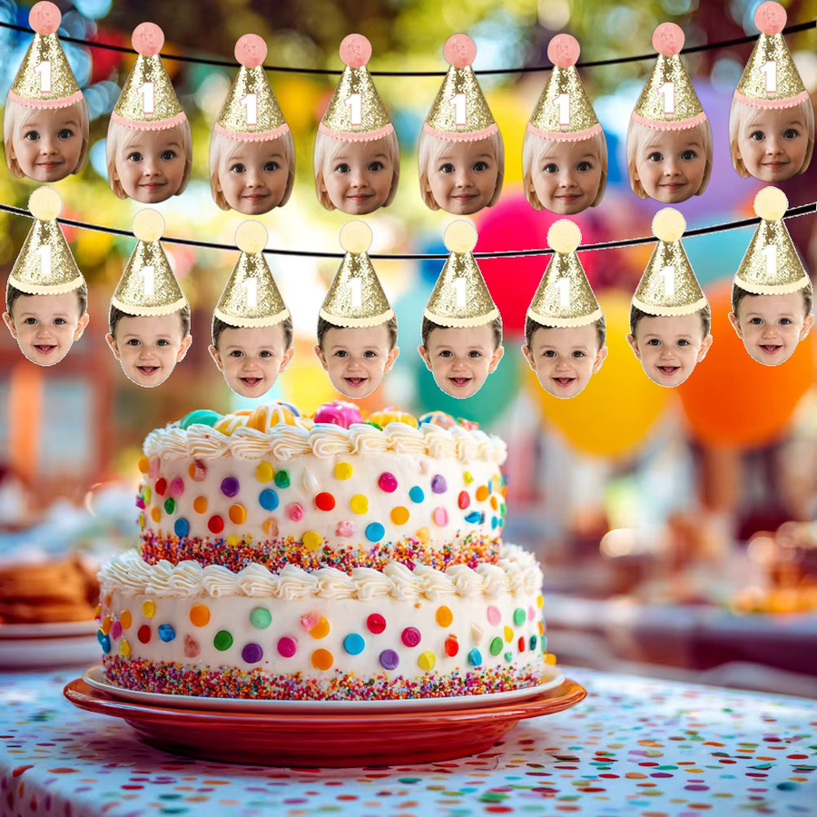 Joy-enlife Personalisierte Geburtstag Banner mit Foto-Motiv als Party-Dekoration für Kinder, Glitzer-Design in Rosa, Blau, Lila oder Gold - Bild 4
