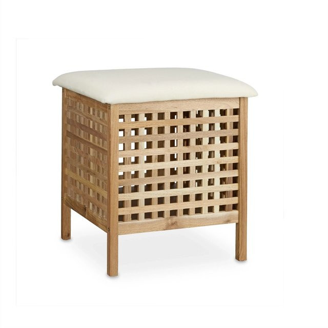 Relaxdays Badhocker aus Walnussholz mit Wäschesammler und Leinenpolster in Braun, B/T/H: 49 x 49 x 52 cm - Bild 1