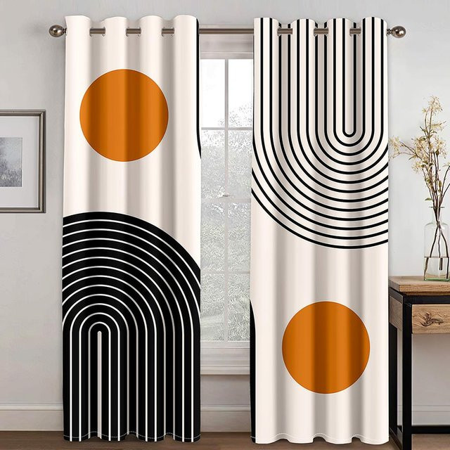 A Family Of Home Textiles Vorhänge mit abstraktem geometrischem Design in Orange, 2er-Set, halbtransparent, Breite: 100 cm, Höhe: 160 cm - Bild 1