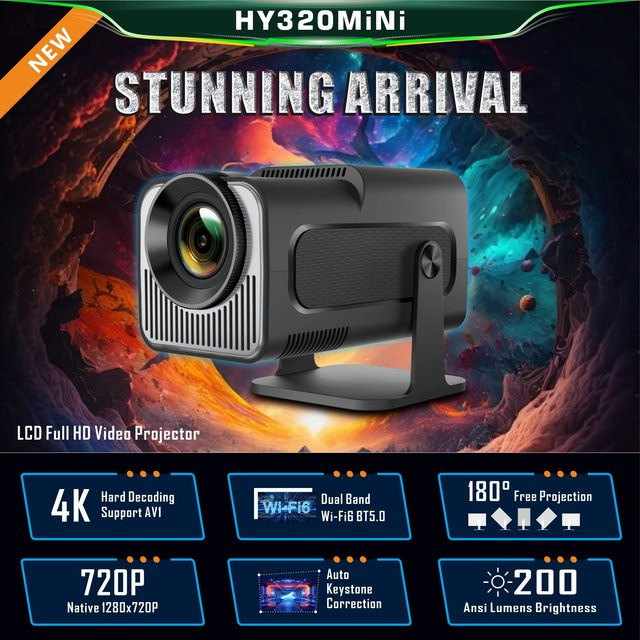 ZNLYRION HY320 Mini-Projektor in Schwarz mit 4K-Unterstützung, 200 ANSI Lumen, LCD-Display-Technologie und Android 11 Smart-Betriebssystem inklusive Smartphone-Bildschirmspiegelung - Bild 1
