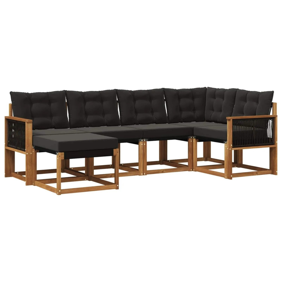 vidaXL Outdoor-Sofagarnitur L-Form aus Akazienholz und Textilene in Natur und Schwarz mit Kissen und Armlehnen - Bild 2