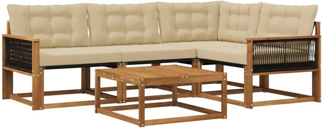 vidaXL Outdoor-Sofagarnitur in L-Form aus massivem Akazienholz mit Textilene und 5 Kissen in Natur-Beige - Bild 1