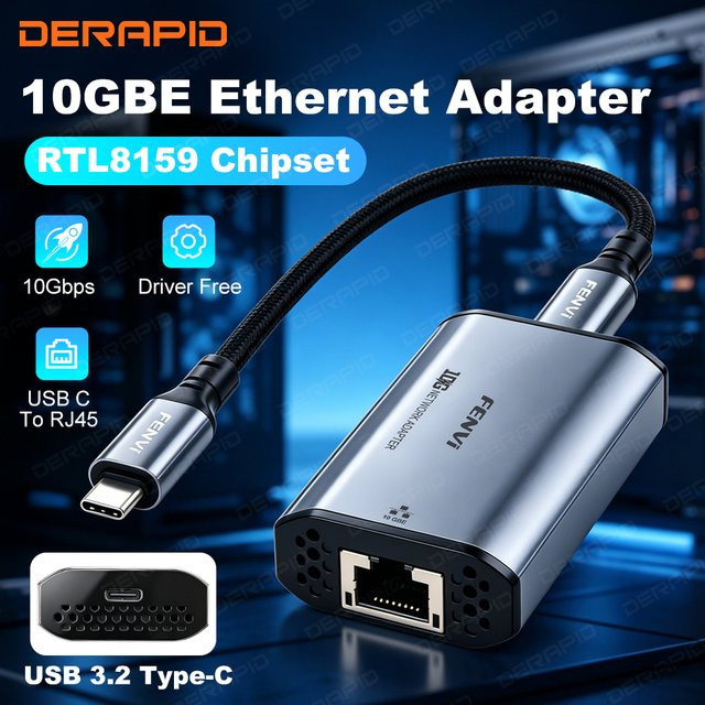 DERAPID USB-C auf 10GbE Ethernet-Adapter, USB 3.2 Gen2x2 zu RJ45 Externe Netzwerkkarte mit RTL8159 Chip, Silber - Bild 1