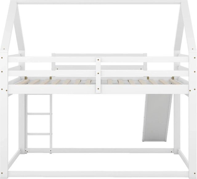 KOMHTOM Kinderhausbett als Etagenbett mit Rutsche und Leiter aus Kiefernholz in Weiß und Grau, B/T/H: 140 x 200 x 189 cm - Bild 1