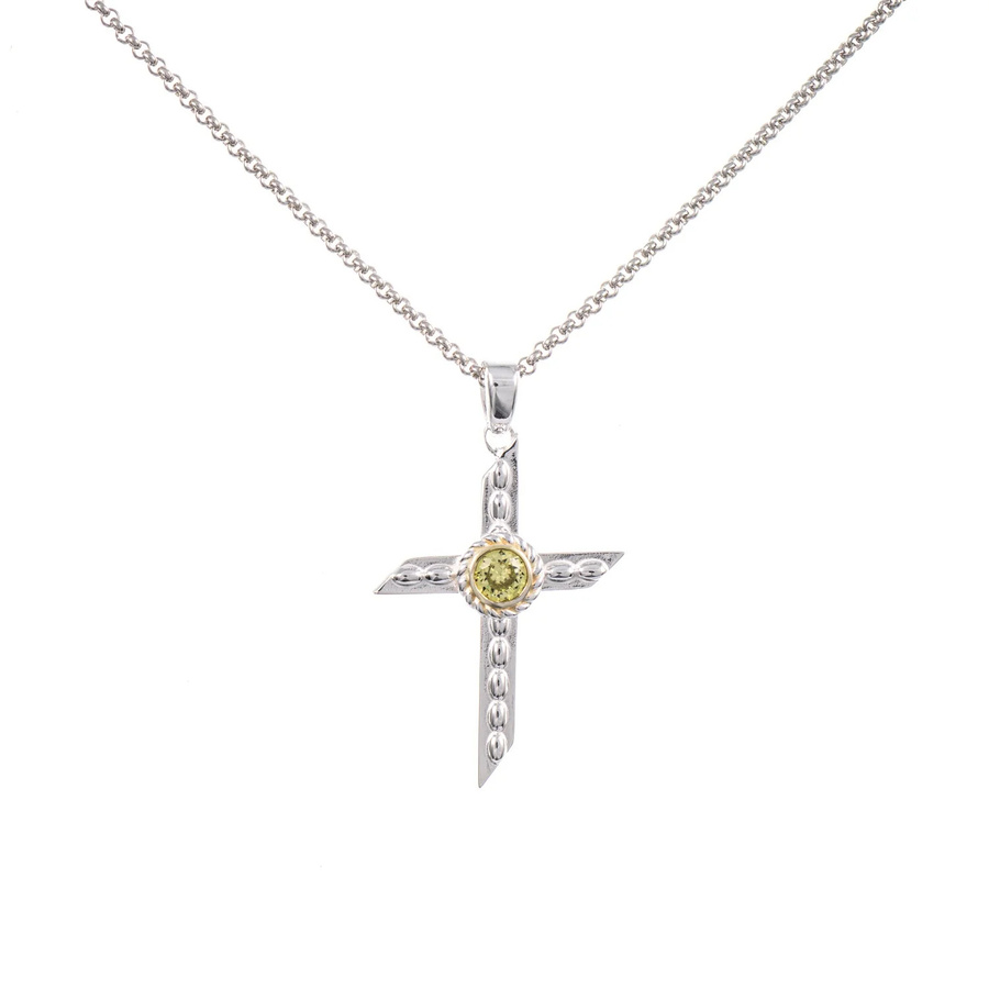 Anhänger Kreuz mit Kette, 925 Silber, teilvergoldet, Zirkonia, hellgrün - Bild 1
